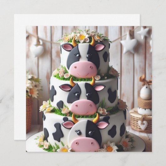 白黒カウケーキ誕生日 招待状 (正面/裏面)