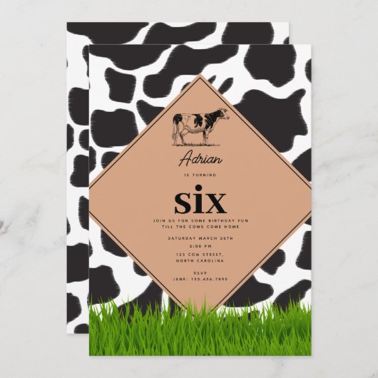 白黒カウファームアニマルバースデーパーティーテーマ 招待状 (正面/裏面)