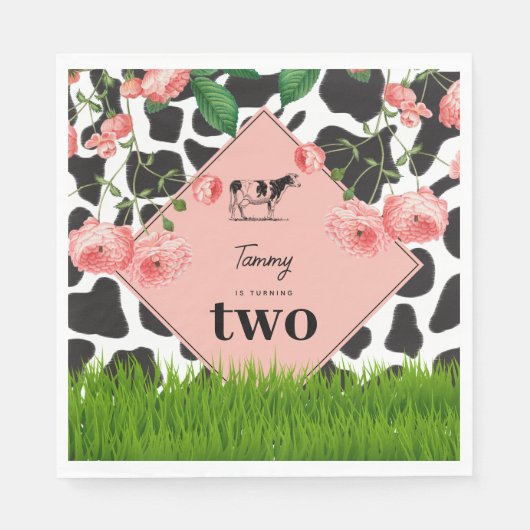 白黒カウファーム動物の誕生日パーティーピンク スタンダードランチョンナプキン (正面)