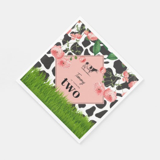 白黒カウファーム動物の誕生日パーティーピンク スタンダードランチョンナプキン (角)