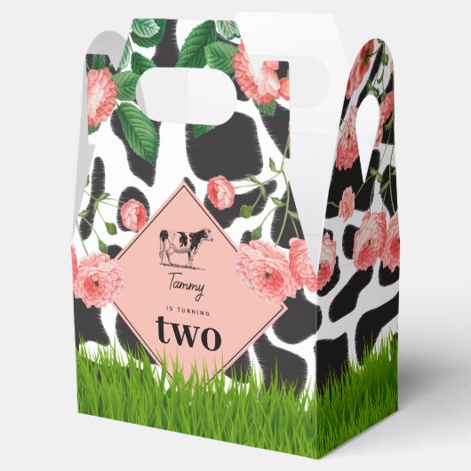 白黒カウファーム動物の誕生日パーティーピンク フェイバーボックス (オープン)