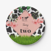 白黒カウファーム動物の誕生日パーティーピンク ペーパープレート (正面)