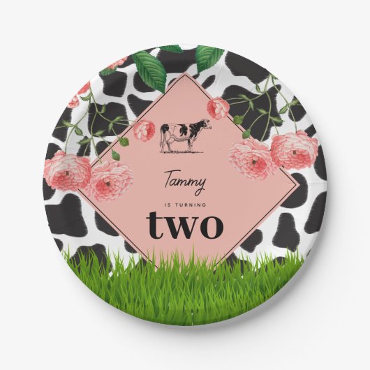白黒カウファーム動物の誕生日パーティーピンク ペーパープレート (正面)
