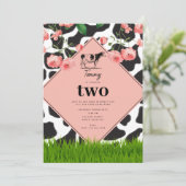 白黒カウファーム動物の誕生日パーティーピンク 招待状 (スタンド正面)