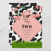 白黒カウファーム動物の誕生日パーティーピンク 招待状 (正面/裏面)