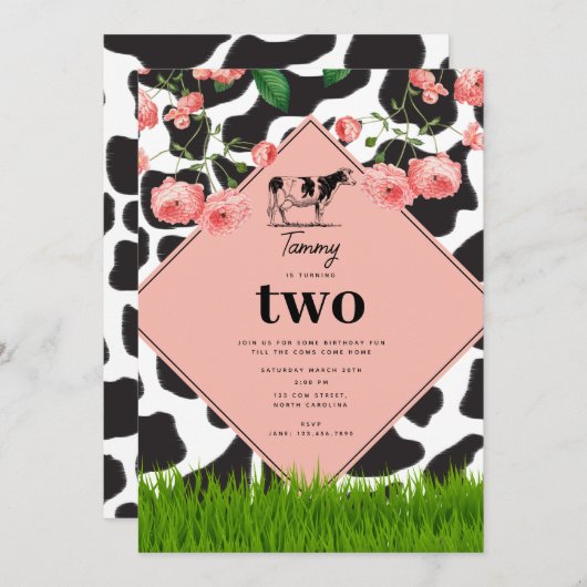 白黒カウファーム動物の誕生日パーティーピンク 招待状 (正面/裏面)