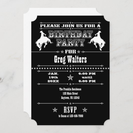 白黒カウボーイロデオバースデーパーティーへの招待 招待状 (正面/裏面)