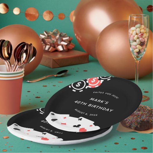 白黒カジノをテーマにした40歳の誕生日パーティー ペーパープレート (複数)