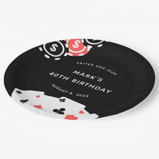 白黒カジノをテーマにした40歳の誕生日パーティー ペーパープレート (アングル)
