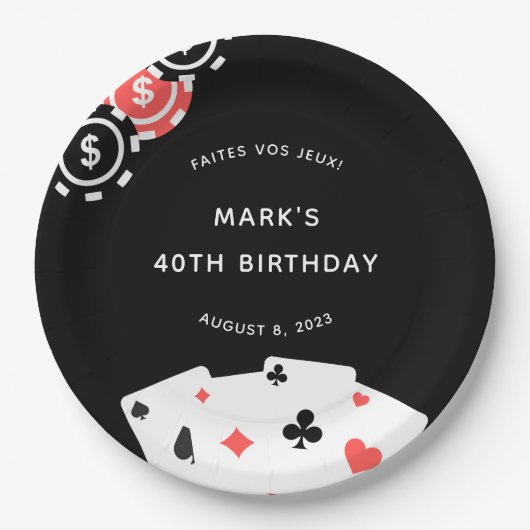 白黒カジノをテーマにした40歳の誕生日パーティー ペーパープレート (正面)