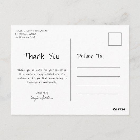 白黒カジュアル手書きビジネスありがとうございます ポストカード (裏面)