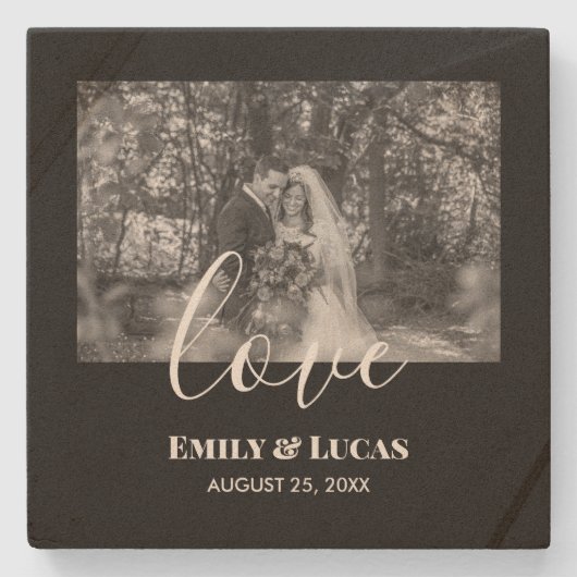 白黒カスタムウェディングフォトシンプルエレガント ストーンコースター (正面)