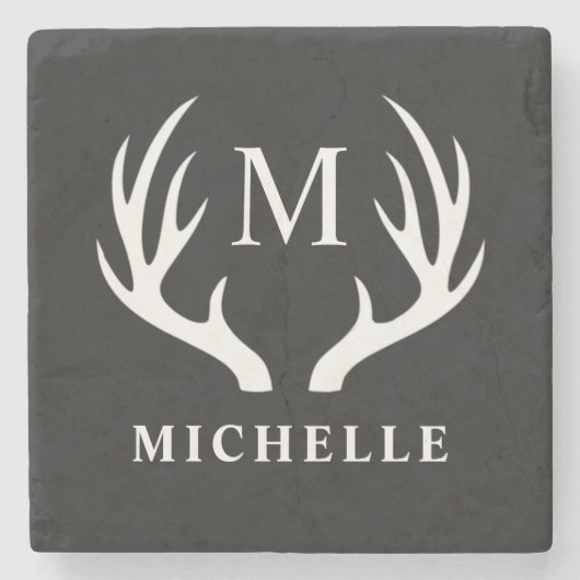 白黒カスタムディアアントラー付きモノグラム ストーンコースター (正面)