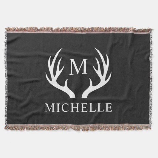 白黒カスタムディアアントラー付きモノグラム スローブランケット (正面)