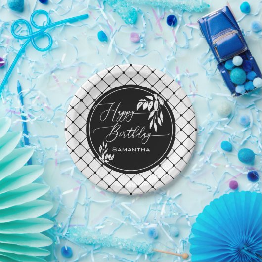 白黒カスタムハッピーバースデーダイヤモンドパターン ペーパープレート (パーティー)