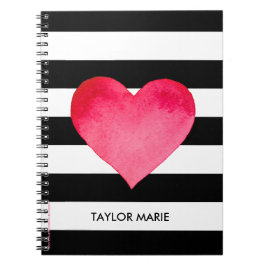 白黒カスタムハート上の水色ストライプ ノートブック