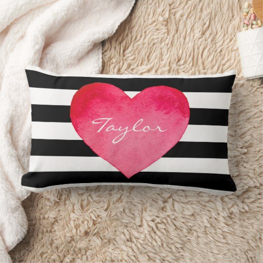 白黒カスタムハート上の水色ストライプ ランバークッション (ブランケット)