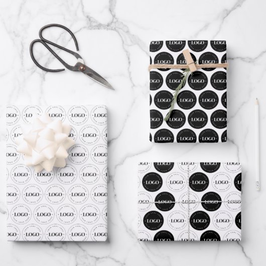 白黒カスタムビジネスロゴ繰り返し ラッピングペーパーシート (正面)