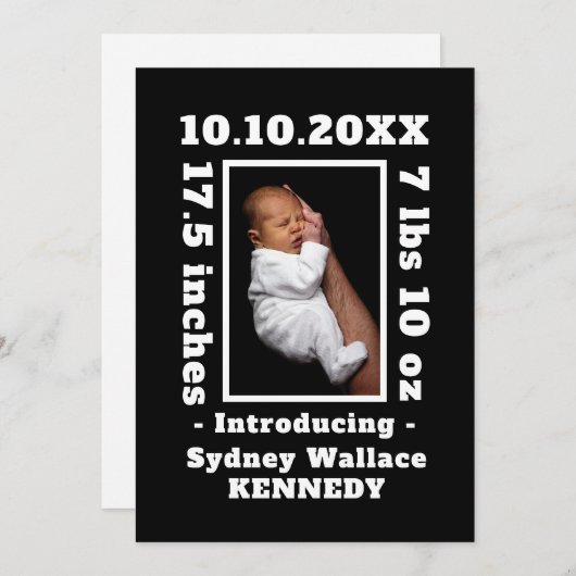 白黒カスタムフォトハローベビー生まれたばかりの誕生 案内状 (正面/裏面)