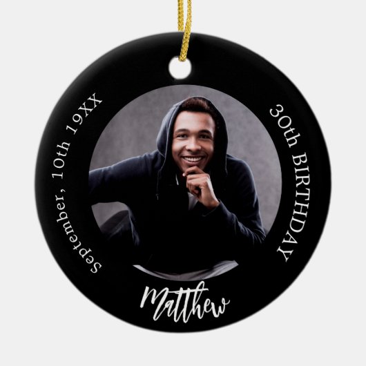 白黒カスタムフォトマン男の誕生日 セラミックオーナメント (正面)