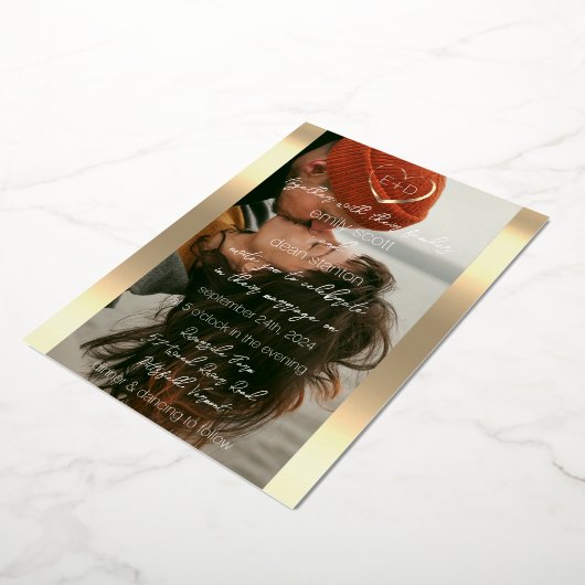 白黒カスタムフォトモノグラムイベントハート 箔招待状 (回転した状態)