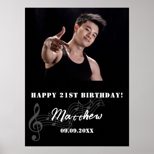 白黒カスタムフォト音楽の誕生日へようこそ ポスター (正面)