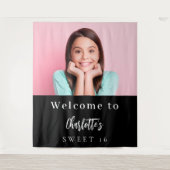 白黒カスタム写真Sweet 16パーティーへようこそ タペストリー (正面)