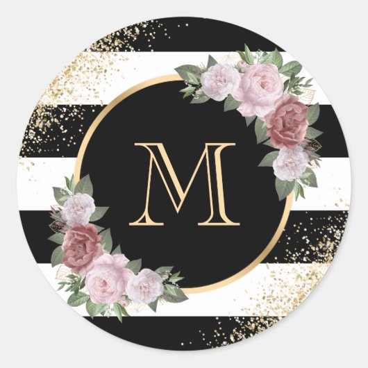 白黒カスタム金ゴールド赤面ピンクフローラモノグラム ラウンドシール (正面)