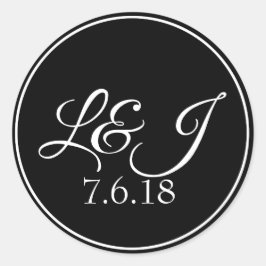 白黒カップルのイニシャル&結婚ズ日付 ラウンドシール