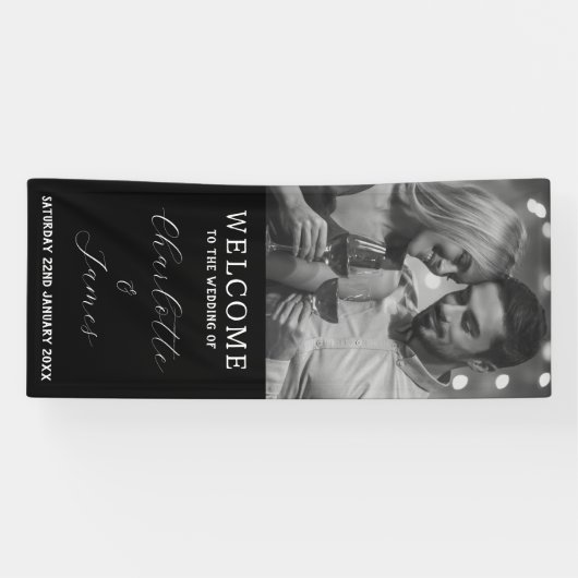 白黒カップル写真アウトドア結婚の歓迎 横断幕 (横)