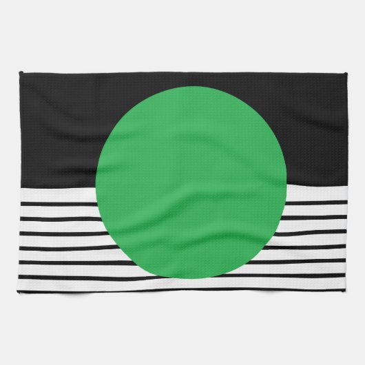 白黒カラーブロックと緑の円 キッチンタオル (横)