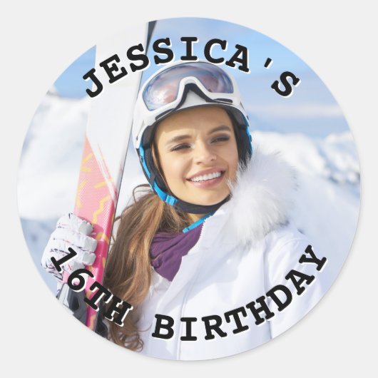 白黒カーブテキストファミリーフォトバースデー ラウンドシール (正面)