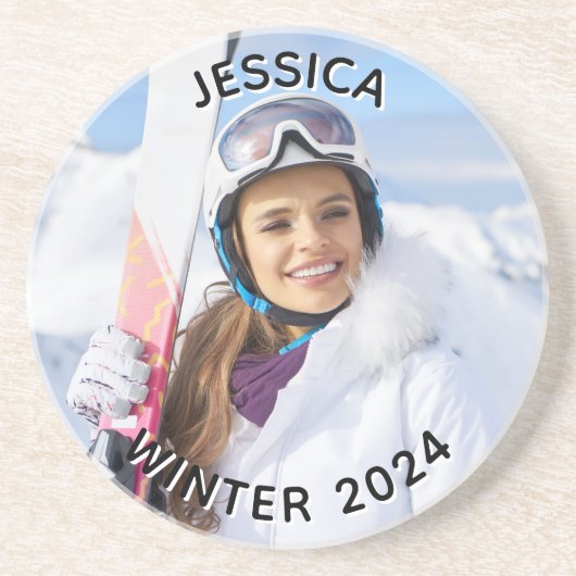 白黒カーブテキスト 家族写真 コースター (正面)