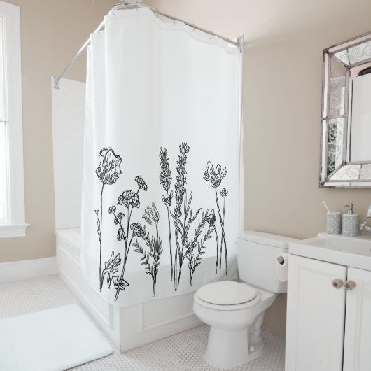 白黒ガーデンフラワーフローラ植物芸術 シャワーカーテン (インサイチュ)