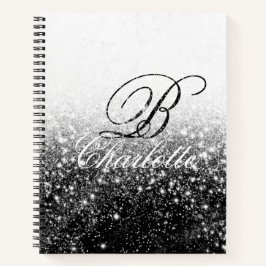 白黒ガーリーグリッターモノグラム名 ノートブック