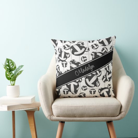 白黒ガーリーバレーボールパターンwネットアクセント クッション (椅子)