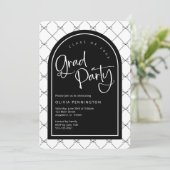 白黒ガーリー弓パターン卒業パーティー 招待状 (スタンド正面)