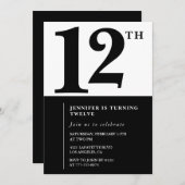 白黒ガール12歳の誕生日の招待シンプル 招待状 (正面/裏面)