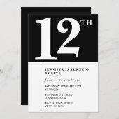 白黒ガール12th誕生日の招待シック 招待状 (正面/裏面)