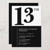 白黒ガール13歳の誕生日の招待シンプル 招待状 (正面/裏面)