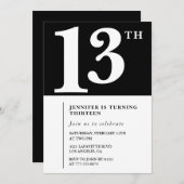 白黒ガール13th誕生日の招待シック 招待状 (正面/裏面)