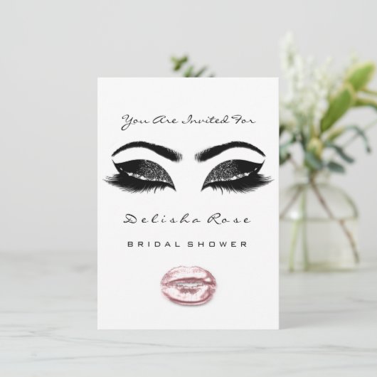 白黒キスメイクアップブライダルシャワーピンク 招待状 (スタンド正面)