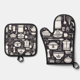 白黒キッチンツールとアクセサリ 鍋つかみ&鍋敷きセット