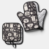 白黒キッチンツールとアクセサリ 鍋つかみ&鍋敷きセット (正面/裏面)