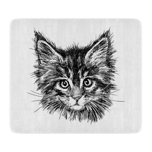 白黒キットン顔ガラス カッティングボード (正面)