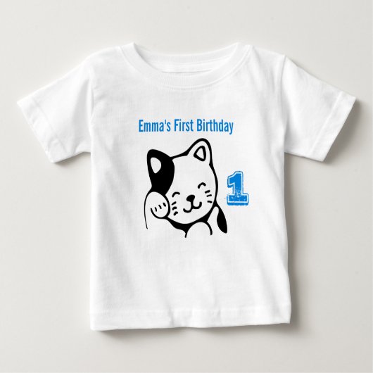 白黒キティ猫なびくハロー誕生日 ベビーTシャツ (正面)