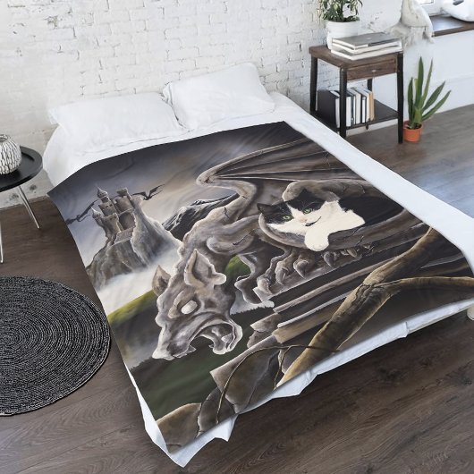 白黒キャットガルゴイル フリースブランケット