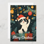 白黒キャットクリスマスツリーオーナメントサンタハット シーズンカード (正面/裏面)