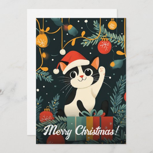 白黒キャットクリスマスツリーオーナメントサンタハット シーズンカード (正面/裏面)