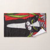 白黒キャットグリーンアイズホワイトデイジーレッド ハンドタオル (ハンドタオル)